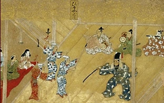 The hats in the period painting do not seem to have the same characteristic fabric roll around the crown of the head that appears in pictures of binan-boshi from the modern kyogen performance.