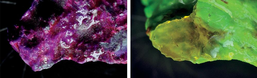 Figure 3. Concentrations of color appear on the surface of these rough samples of purple to purple-pink and yellow-green turquoise.
