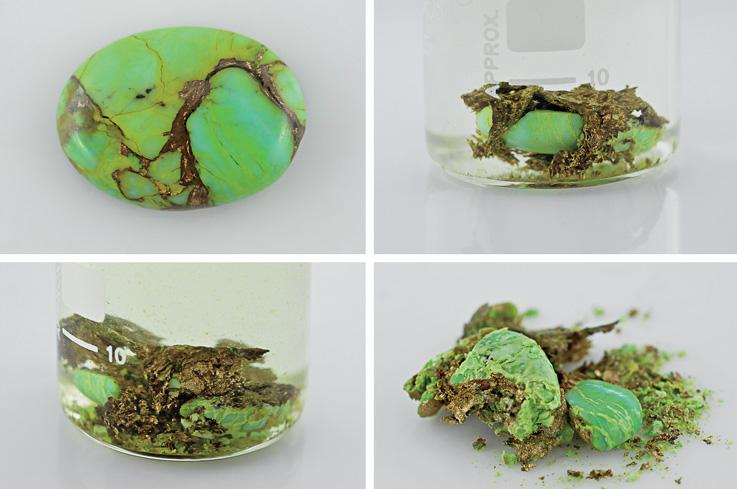 A C B D Figure 10. A veined 11.29 ct yellow-green sample (A) was soaked in methylene chloride. After ~3 hours, the metallicappearing substance in the veins started to leave the specimen (B).