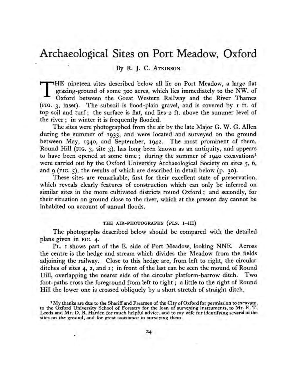 Archaeological Sites on Port Meadow, Oxford By R. J. C.