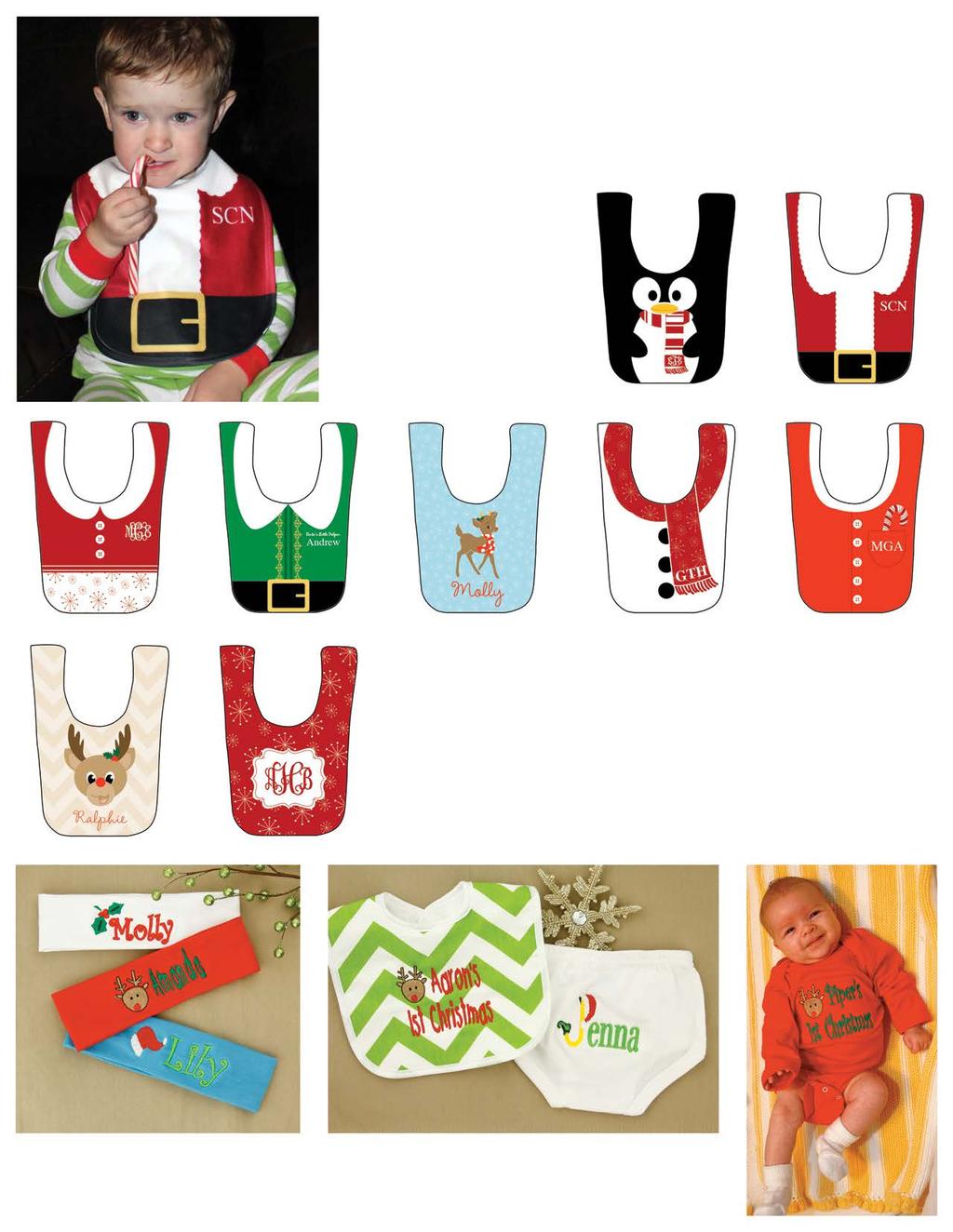 Holiday BABY BIBS $20 Step 1: Choose your Baby Bib. Each design has a specific item number. Step 2: Choose your personalization! Designs have a pre-selected font color and cannot be changed.