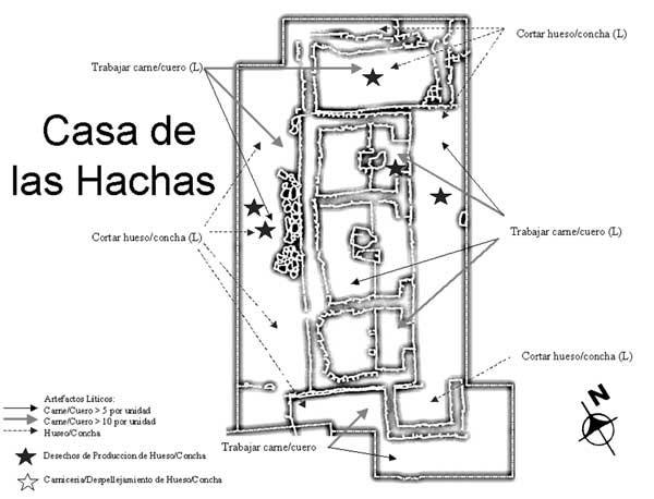 Figure 6. Location of the modified remains of lithics, bones and shell at the House of the Axes.