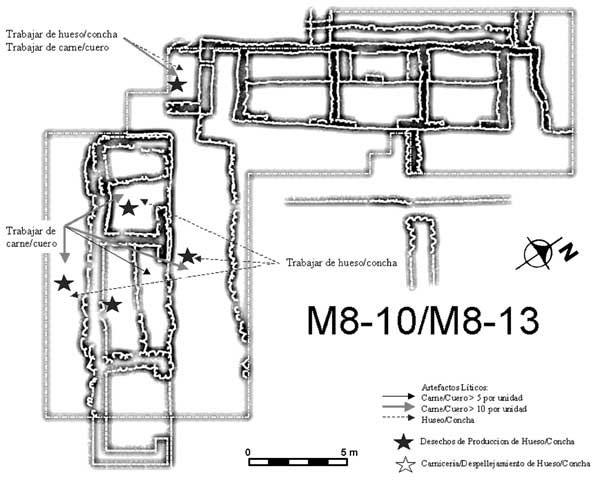 Figure 7. Location of the modified remains of lithics, bones and shell at M8-10/M8-13.