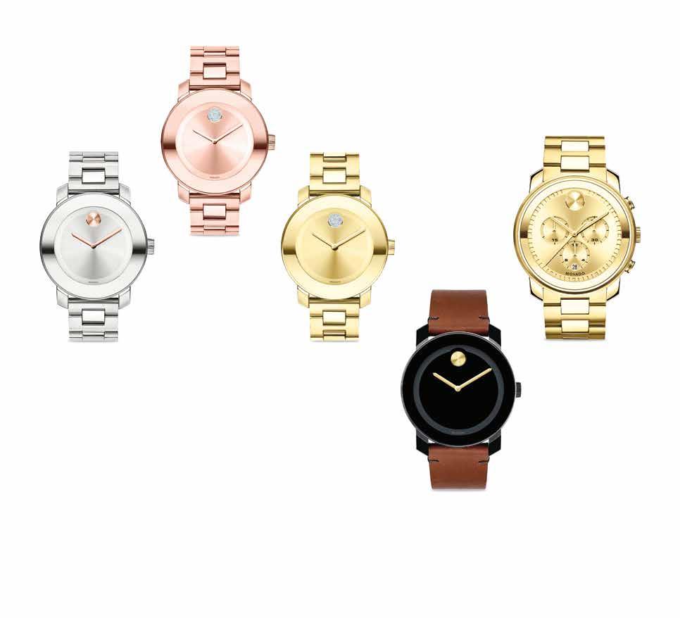 . Mid-size Movado OL, 36mm stainless steel case with mirror-finish bezel, sunray dial with rose gold-toned dot and hands, stainless steel bracelet, $550.