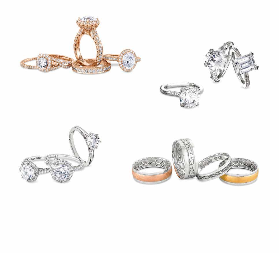 I H J K L M. Round center ribbon twist diamond engagement ring in 18kt rose gold*, $6,880; diamond wedding band in 18kt rose gold, $2,800.
