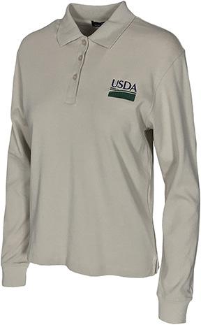 Two pen pocket on sleeve, mic pockets on both shoulders, and mic loop at bottom of front placket. 3 button placket Color: Tan. Embroidered USDA Logo.
