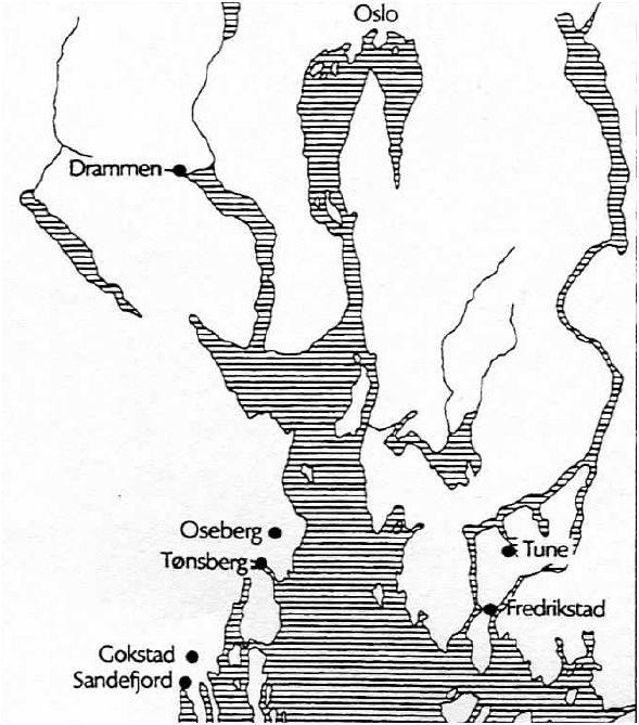 Figure 3. Map of the Norwegian Coast depicting the location of Oseberg (circled in red) (Adapted from Bonde and Christensen 1993, Figure 1).