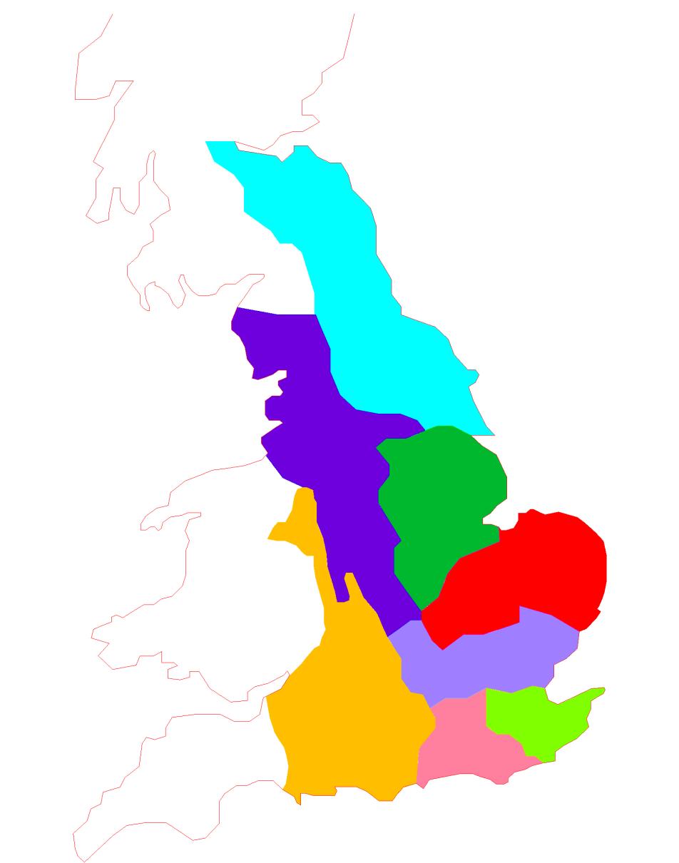 Yellow- Wessex Light Purple - Essex Pink - Sussex Lime Green - Kent Red - East Anglia Dark Green - Lindsey Dark Purple - Mercia Light Blue - Northumbria Figure 1.