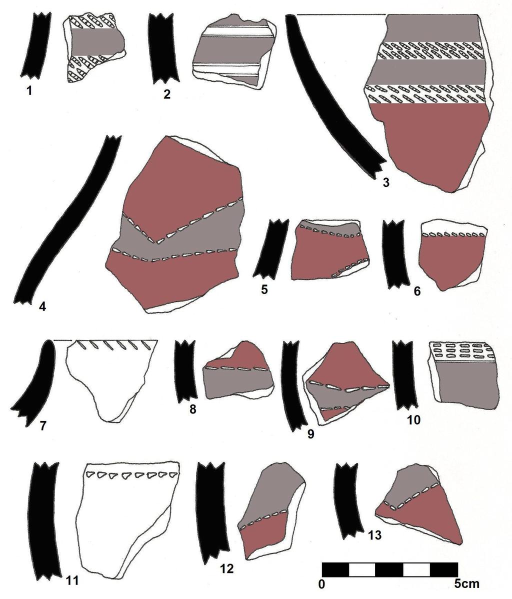 Figure 8: Profiles and sketches of decorated vessels from early Moloko sites (Jars #1&2 and bowl #3) and from Letsibogo sites including site 12