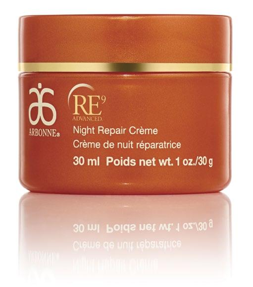 MEET THE PRODUCT RE9 Advanced Night Repair crème Arbonne Anti-Ageing An ultra-hydrating night crème with age-defying botanicals and vitamin C to support skin while visibly reducing the appearance of