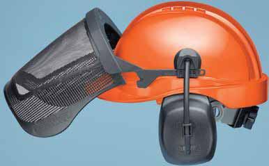 Tectra safety cap, safety orange in dielectric or ventilated versions QuickSnap cap-mount ear muffs in black with medium profile Visor bracket and nylon screen, steel screen or Lexan face shield 1.