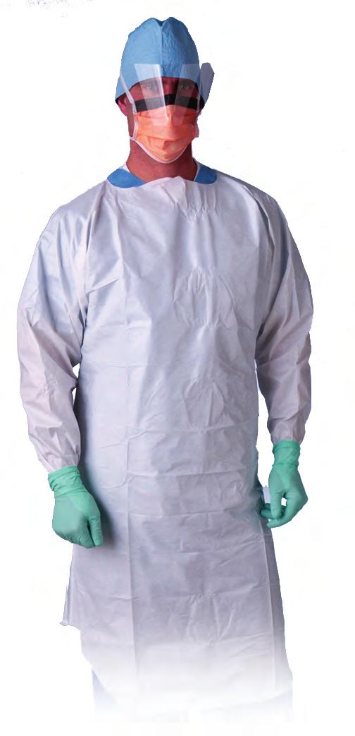 Protective Gowns PROTECTIVE APPAREL Protective Over-the-Head Gown in White Microporous Breathable Material High level fluid protection Apron-style neck enables gown to be placed on and off quickly