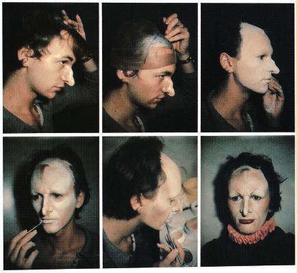 Nonrealistic makeup is an example of theatricalism. (upper left) Soaping out the front hair. Nose built up with nose putty.