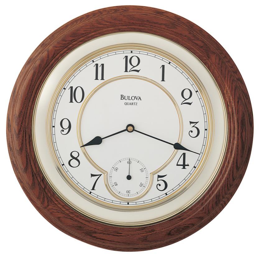 C4596 WILLIAM. Solid oak case, dark oak finish. Floating dial. Seconds subdial. Protective glass lens. Dia.: 14 inch D: 1.