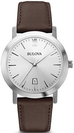 96B217 Bulova Men s in stainless steel with grey sunray dial, luminous hands, calendar, second hand, and dark brown leather strap. Case Diameter: 38 mm Case Thickness: 6.