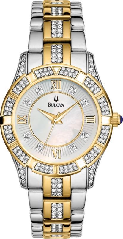 98L135 Bulova Crystal Watches - Swarovski crystals. White mother-of-pearl dial. Stainless steel case and bracelet with gold-tone accents. Two-tone bracelet features a deployment clasp.