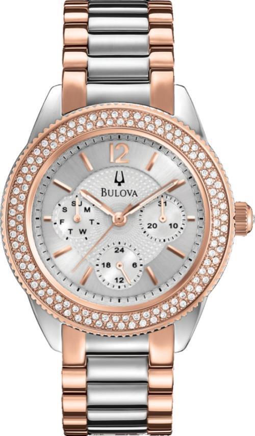 98N100 Bulova Crystal Watches - Swarovski crystals. Silver-tone dial with rose gold-tone hands and markers. Stainless steel case and bracelet with rose gold-tone accents.
