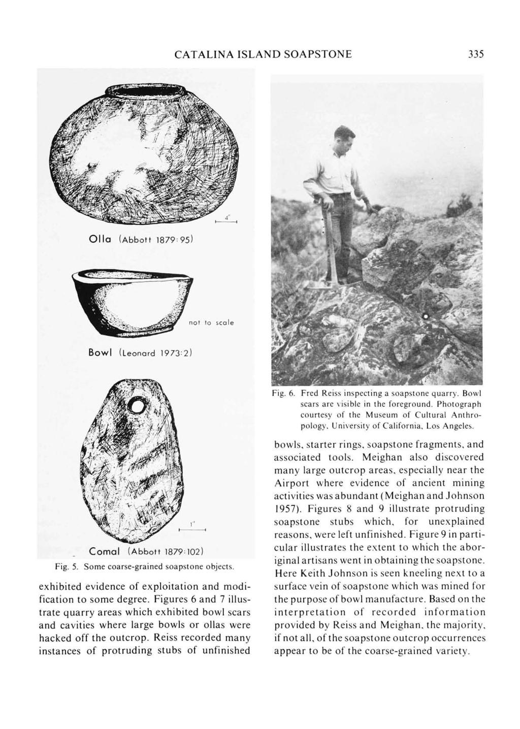 CATALINA ISLAND SOAPSTONE 335 Olla (Abbott 187995) not to scale Bowl (Leonard 1973:2) Fig. 6. Fred Reiss inspecting a soapstone quarry. Bowl scars are visible in the foreground.