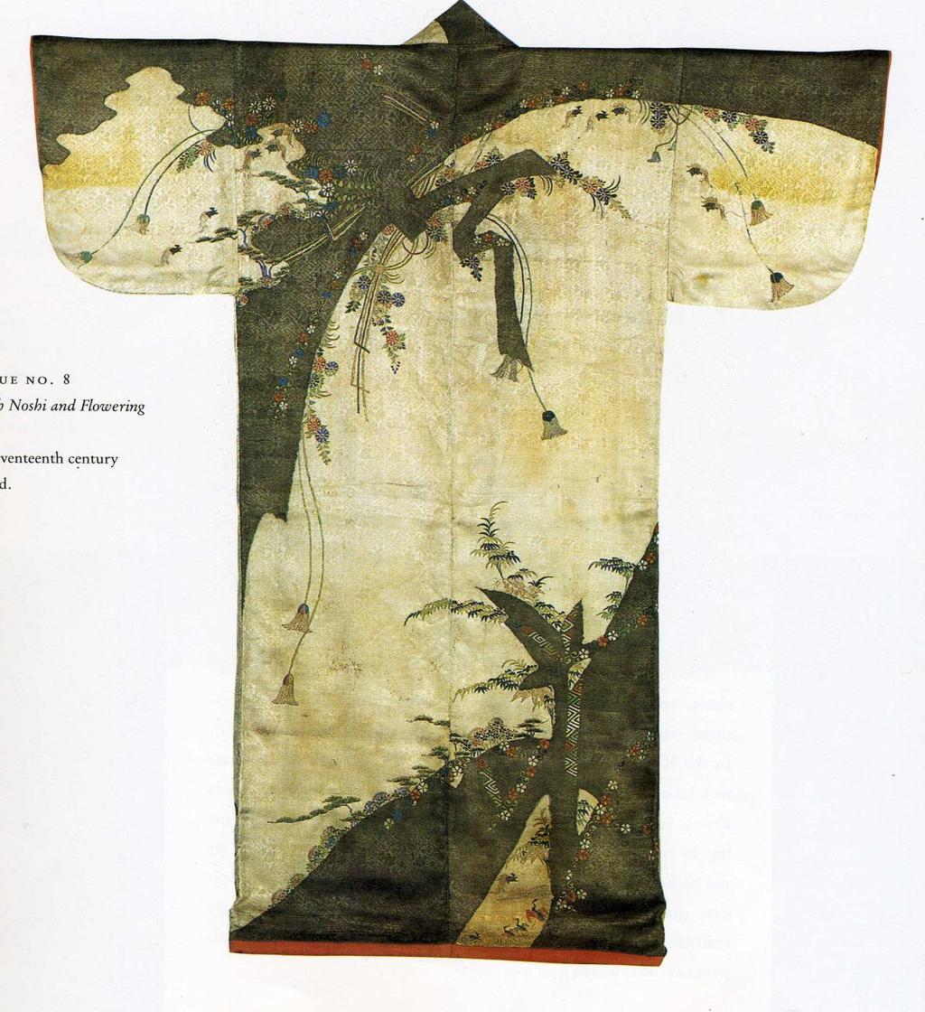 Toomey 13 Figure 3 Kosode with Noshi and Flowering Plants, First Half of the nineteenth centry Tie-dyeing (nuishime shibori), Silk and Metallic thread
