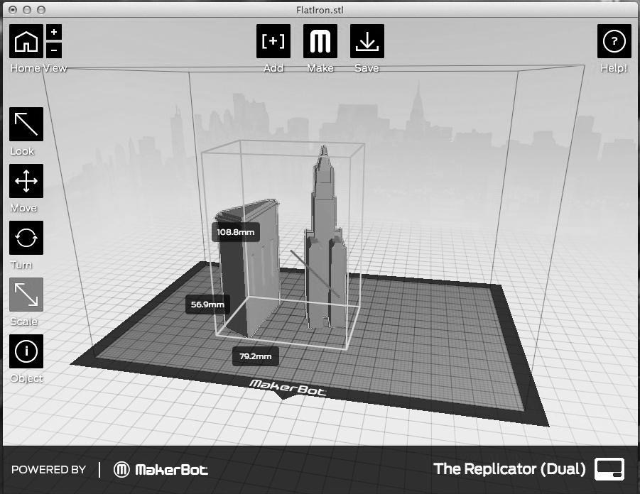 USING MAKERBOT MAKERWARE CONTINUED 4 Open the.stl files in MakerBot MakerWare Continued 4e. Click on the Flatiron Building to select it.