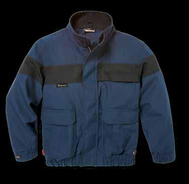BOMBER JACKET Action back for ease of movement Stand-up collar with hidden snaps for optional hood Elastic cuffs and waistband Heavy-duty