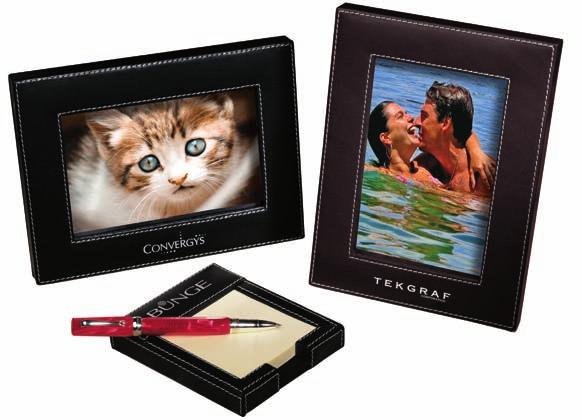 Madison Leather Frame LG-9044 This unique leather frame displays your favorite 4" x 6" photos and comes with a sturdy yet plush easel stand on back. Silver contrast stitching makes a dynamic finish.