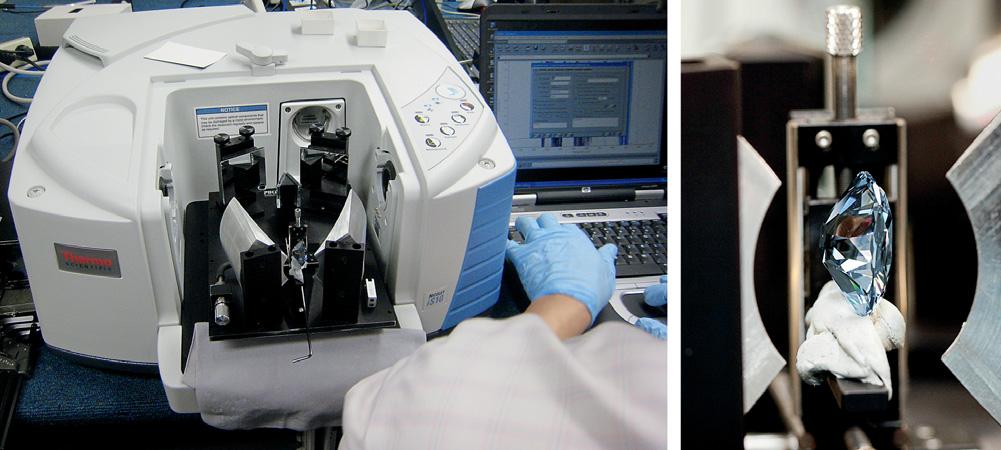 Figure 2. The portable FTIR equipment was mounted with a mirror beam condenser. The photo on the left shows the general apparatus, in which the Hope diamond is set.