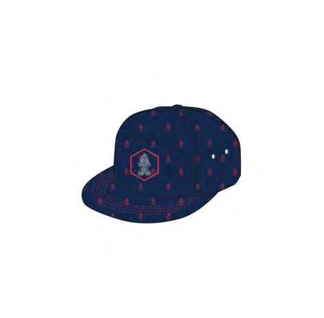 38 - URBAN 2015 Tiki 5 Panel Cap Team nap Back Cap The napback is an unstructured adjustable 5-panel snapback hat with Tiki Icon repeat print across each panel.
