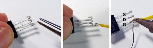 Prepare the MOSFET's pins by bending them as shown with a pair of needle nose pliers.