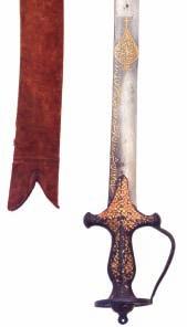 4 5 6 4 AN INDIAN TALWAR, 18TH/19TH CENTURY with curved single-edged watered steel blade, decorated with a gold cartouche and a gold inscription along the back-edge on one side, russet iron hilt