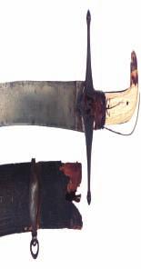 earlier curved single-edged watered steel blade (areas of pitting), plain iron hilt including a pair of straight quillons, and fitted with a pair of hardwood grip-scales (one cracked), in a