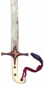 metal collar for a sword knot, in a contemporary steel scabbard of regulation type (heavily pitted) 82cm; 32D in blade A similar cross-piece on a Levée sword of the 16th Lancers is illustrated in B.