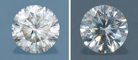 Figure 10. The grating pattern covers the entire pavilion of this 0.07 ct diamond. Modifying all the facet surfaces caused a reduction in overall brightness under diffused light (left).