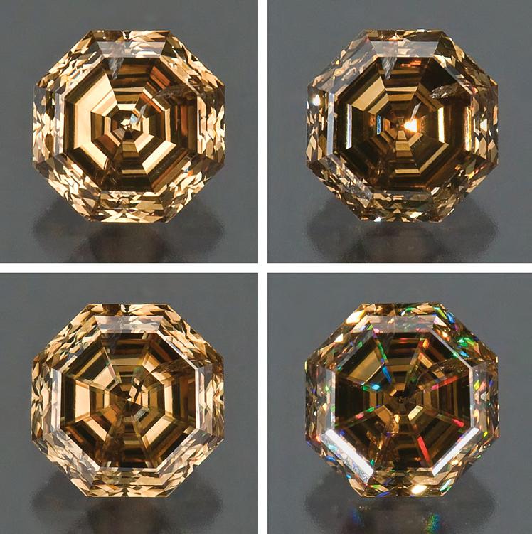 Figure 16. This octagonal step-cut fancy brown diamond (0.43 ct) is shown face-up in diffused light (top left) and spot lighting (top right) prior to plasma etching.