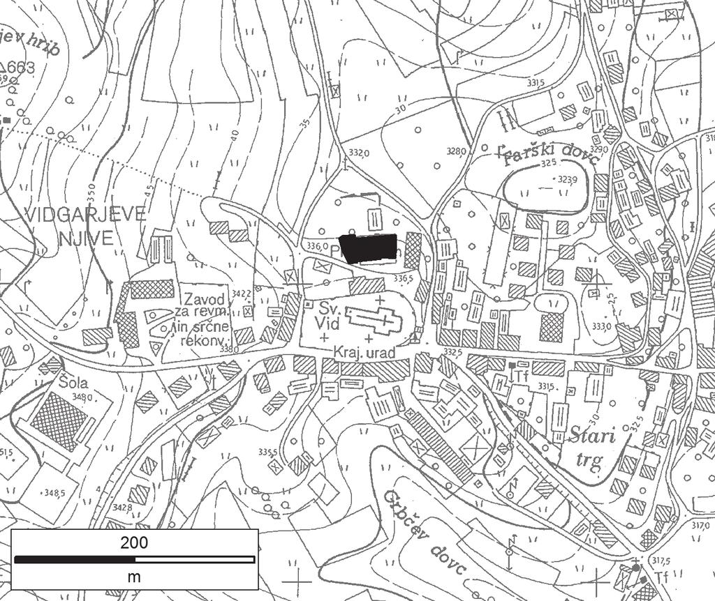 Poznosrednjeveško in zgodnjenovoveško najdišče Župnijski dom v Šentvidu pri Stični 335 Sl. 1: Lega najdišča Šentvid pri Stični Župnijski dom. M. = 1:5000 (vir: TTN5 GURS). Fig.