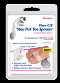 Loop fits 1st or 2nd toe on left or right foot. Washable. Reusable. 2 per pack. P27-M P27-L VISCO-GEL STAY-PUT TOE SPACERS MEDIUM VISCO-GEL STAY-PUT TOE SPACERS LARGE $9.45 $9.