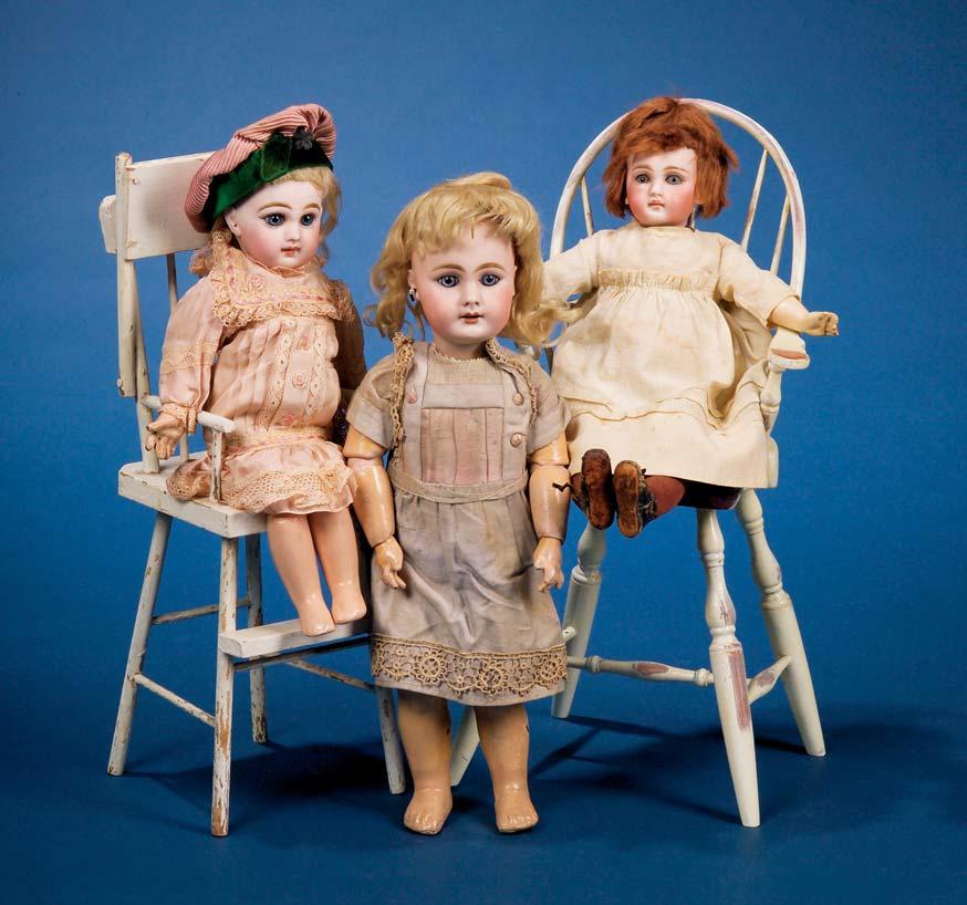 710 710 810 811 813 803. Two German Bisque Head Dolls, early 20th century, one with open mouth, weighted brown eyes, blonde mohair wig, and straight-wrist jointed composition body, ht. 17 in.