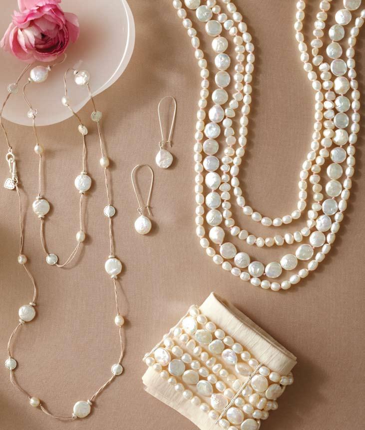 b c a d a. Threaded Coin Pearl Necklace Freshwater pearls with hand knotted silk thread. Approximately 38 length, sterling silver hook closure. N1005 $59 b.