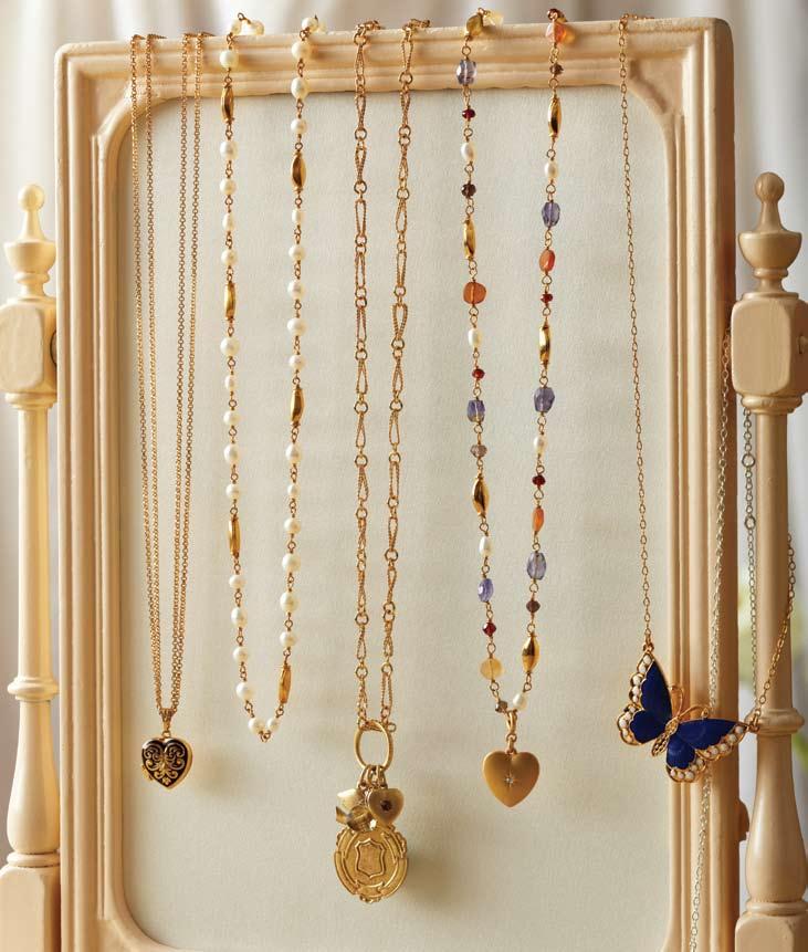 c e a b f g d As seen in InStyle As seen in Redbook 48 a. Camille Vintage Heart Necklace Enamel pendant on double 14kt gold plated chain. 22 length, lobster clasp. Pendant diameter,.50". N825 $39 b.
