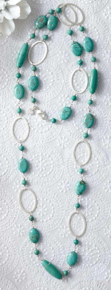 a. Demi Turquoise Necklace Hand-knotted turquoise and sterling silver rings on a suede cord. 12 of stones with 15 of cord on each side, self tie for an adjustable length.