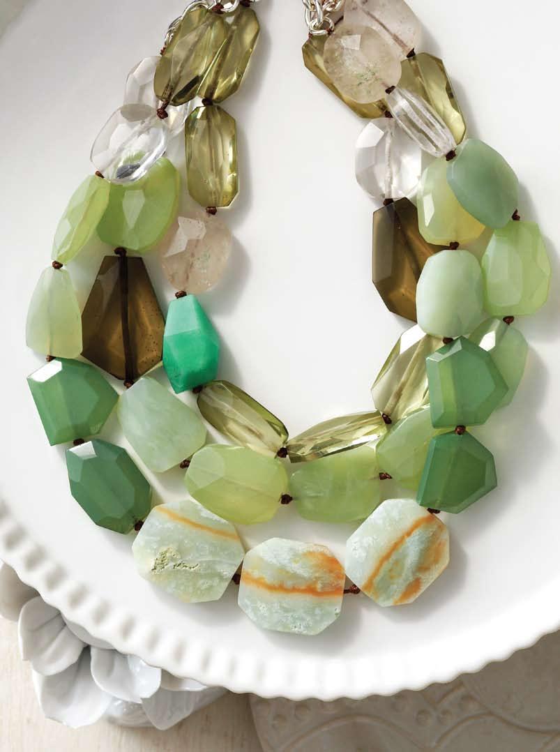 66 Artemus Stone Necklace 3 glimmering strands of luxe materials, chrysoprase, new jade, crystal, amazonite, and