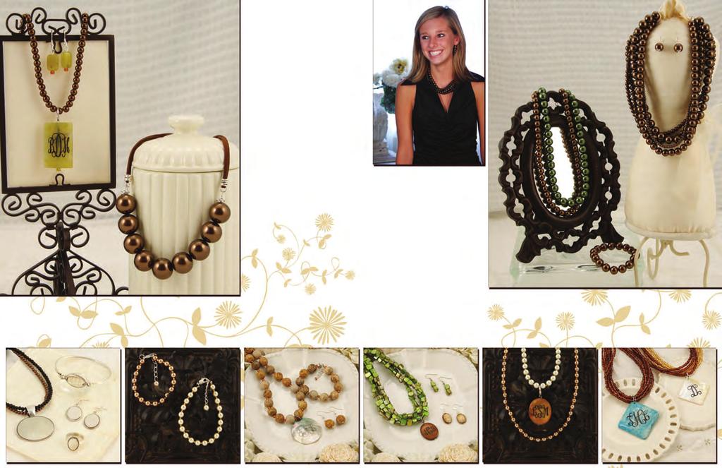 a. a. Brown accent Jade earrings hang 1.25 JE0062-0200 $14 b. Jade 1.5 tall pendant JP0024 $20 fits up to 6mm Shown on 6mm chocolate glass pearl necklace JN0167-0100 16-18 $24 c.