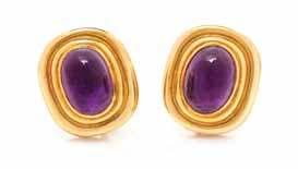 234 236 235 234 a Pair of 18 Karat Yellow Gold and amethyst Earclips, retailed by Neiman Marcus, containing two oval cabochon cut amethyst measuring approximately 13.64 x 10.04 mm.