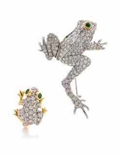 258 259 260 258 a Pair of tricolor Gold, Emerald and diamond dangle Earrings, containing two oval cabochon cut emeralds weighing approximately 4.