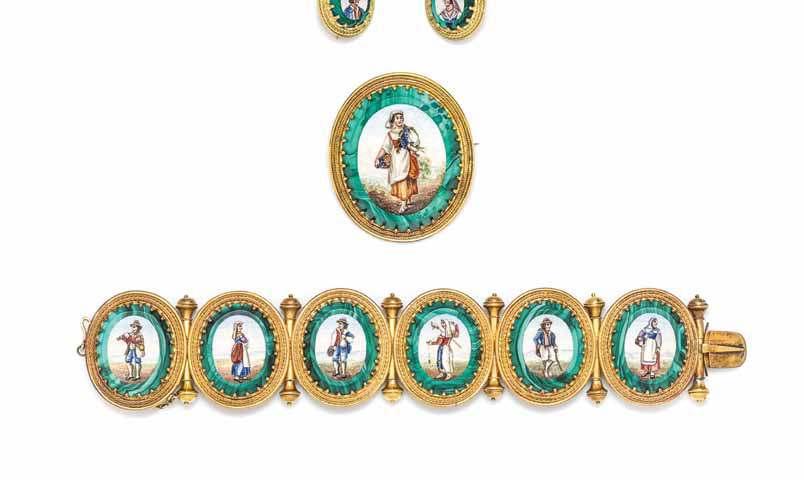 1* an Etruscan Revival Yellow Gold, malachite and micromosaic demi Parure, Vatican city, consisting of a bracelet composed of six oval micromosaics depicting bucolic provincial scenes during the 19th