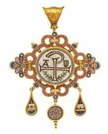 3 5 4 3 an 18 Karat Yellow Gold and micromosaic chi-rho Pendant/Brooch, circa 1838-1847, consisting of a circular center depicting the chi-rho flanked by the alpha and omega symbols above olive