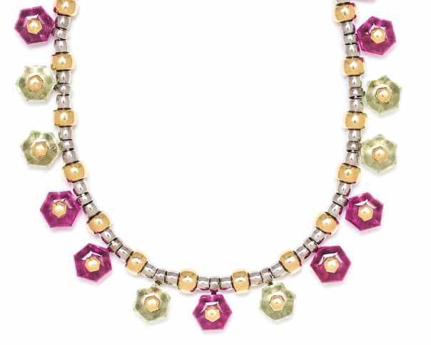 355 357 356 358 355 a Sterling Silver, 18 Karat Yellow Gold, and Quartz necklace, marina B, consisting of nine carved pink and six carved green colored quartz beads with yellow gold centers,