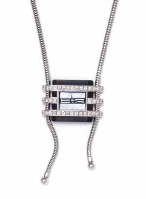 372 373 374 372 an 18 Karat White Gold, Wood, mother-of- Pearl and diamond Watch necklace, Van Cleef & Arpels, the three horizontal bezel accents containing numerous round brilliant cut diamonds