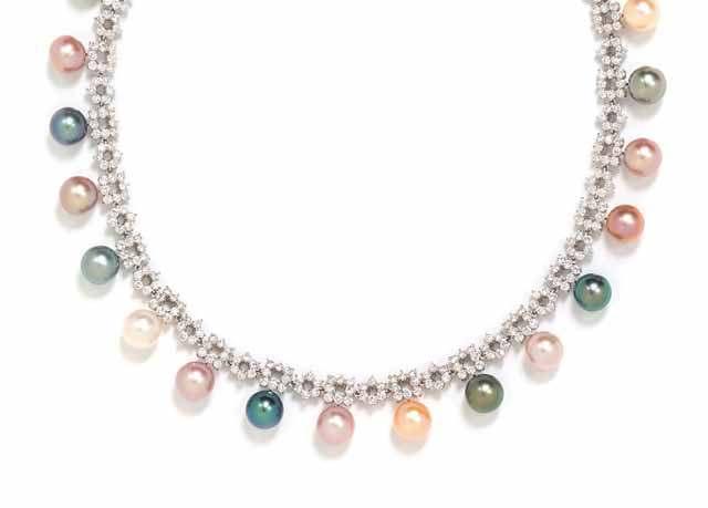 378 379 380 378* an 18 Karat White Gold, diamond and cultured multicolor Pearl necklace, containing 26 pearls measuring from approximately 8.00-9.