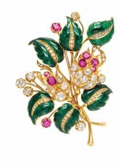 20 22 21 20 a Victorian 18 Karat Yellow Gold, diamond, Ruby and Enamel demi Parure, consisting of a matching brooch and earclips in a foliate motif accented with translucent green enamel over